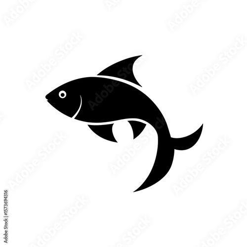 Illustration of a stylized fish with prominent fins and tail swimming gracefully to the left side