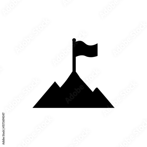 Mountain peak with a flag waving at the top symbolizing achievement and reaching goals in business