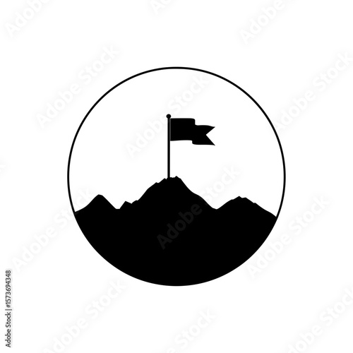 Flag atop a mountain peak inside a circle representing achievement and reaching goals or success point