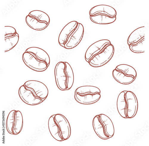 Hand-Drawn Brown Coffee Bean Seamless Pattern on White Background
