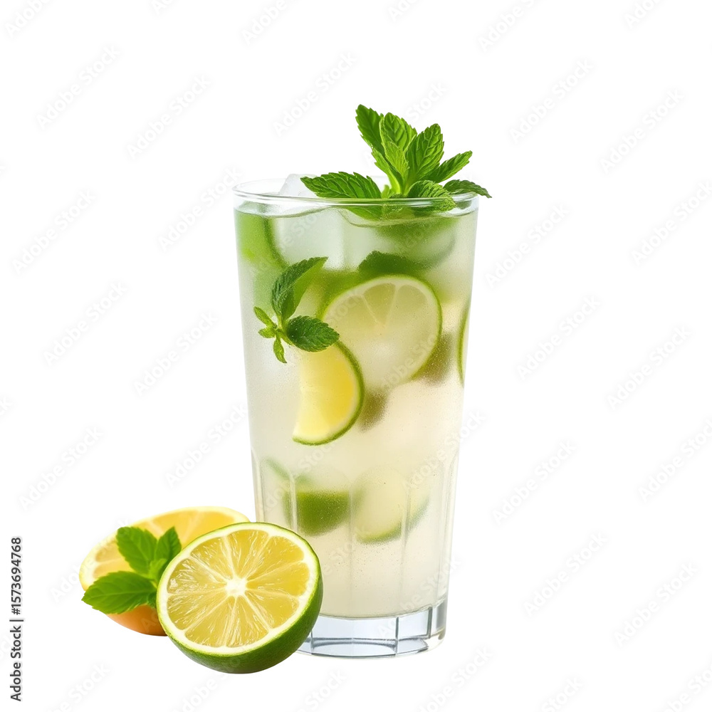 Fototapeta premium Mojito cocktail or soda drink with lime and mint isolated on transparent png