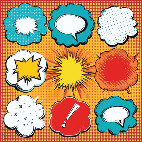 The pop art style is used to create a set of comic effect shapes