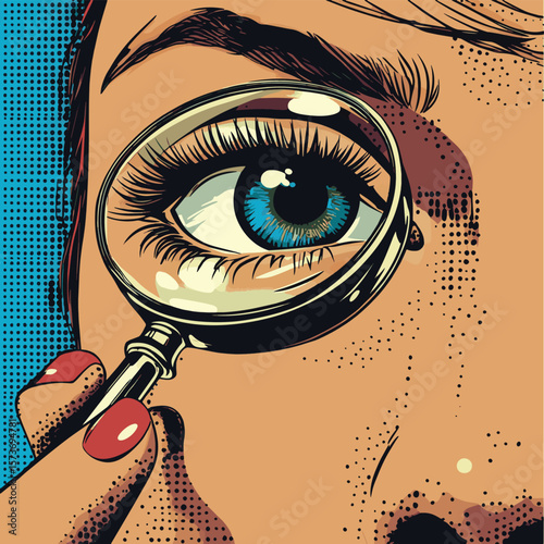 A pop art comic retro style illustration with halftone effects features someone examining closely with a magnifying glass and inquisitive eyes
