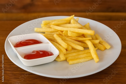 Delicious French Fries with Ketchup on White Plate