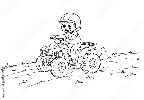 boy riding atv motorbike on mud. coloring books