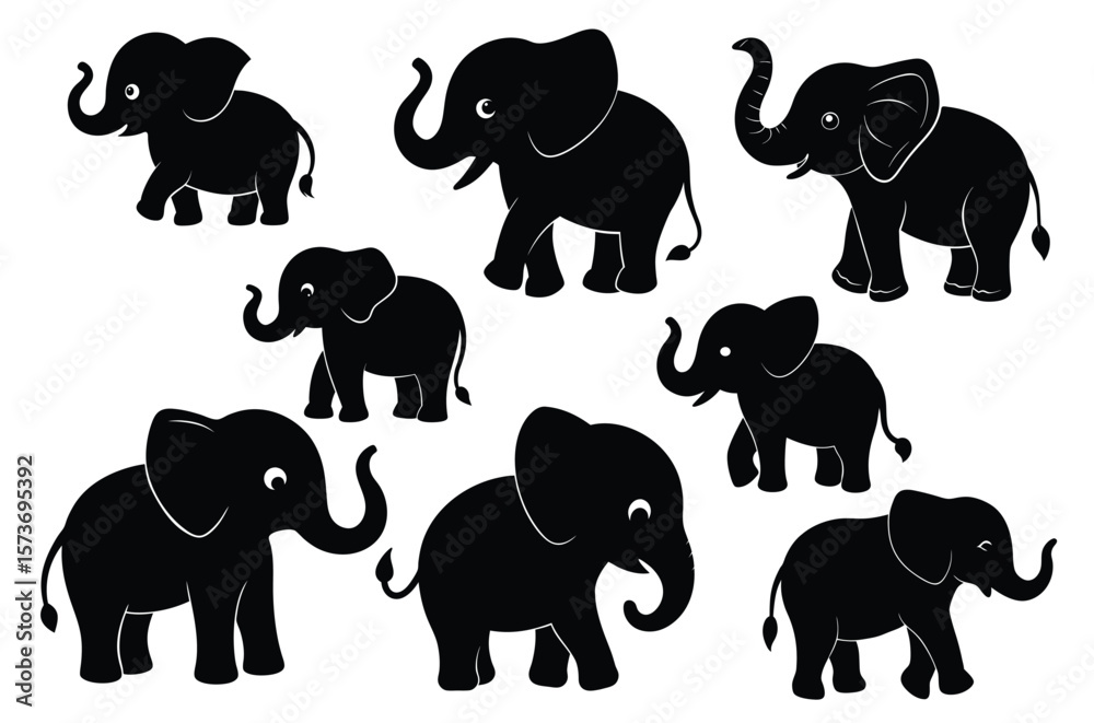 Naklejka premium Wild African Elephant Silhouette, Art & Illustration, Baby Elephant Vector Illustration, set of wild animals silhouette, icon, eps, vecrtor bundle