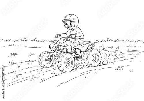 boy riding atv motorbike on mud. coloring books