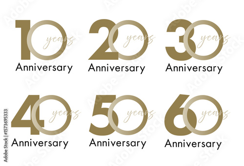 シンプルなgold/金のアニバーサリーロゴセット(10周年 20周年 30周年 40周年 50周年 60周年 70周年 80周年 90周年 100周年 お祝い 周年記念 イベント 設立記念 anniversary celebration logo ベクター 編集可能)	
