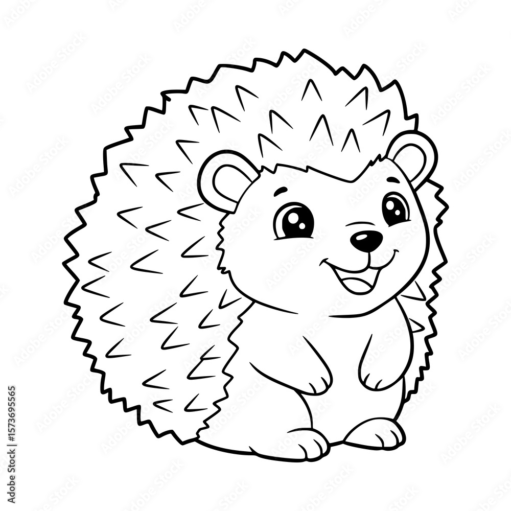 Fototapeta premium Happy baby hedgehog with a little apple on its back, cartoon line art