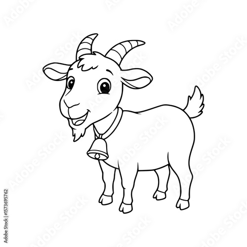 Happy baby goat with a bell on its neck, cartoon black and white drawing.