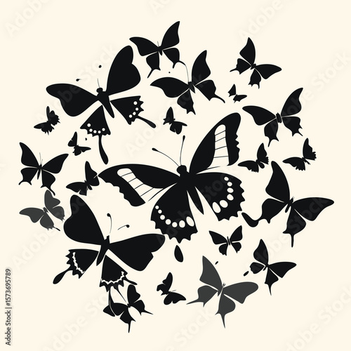 A circular arrangement of black butterfly silhouettes on a creamy colored background design