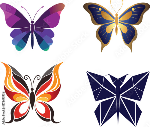 Four colorful butterfly designs in different styles and artistic geometric shapes