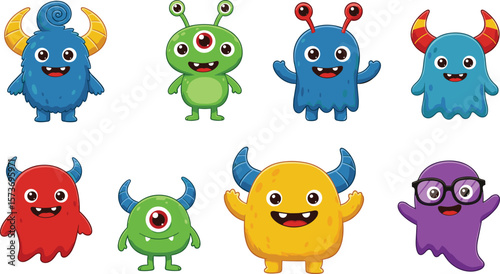 Colorful cartoon monsters with funny faces, horns, and expressions, cute alien characters isolated on white background, playful vector illustration set