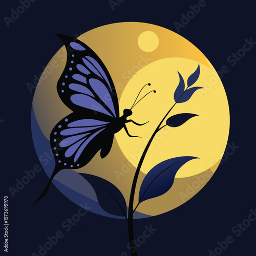 Elegant silhouetted butterfly with blue wings on a plant in front of a glowing moon