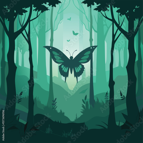 Serene forest scene with a graceful butterfly in a nature inspired green color palette