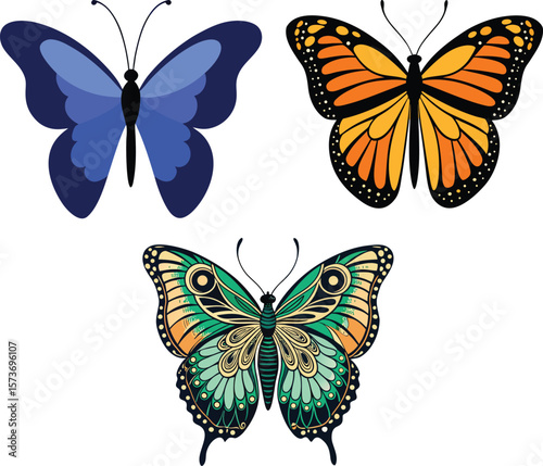 Three colorful butterfly illustrations against a white background showcasing vibrant patterns and designs