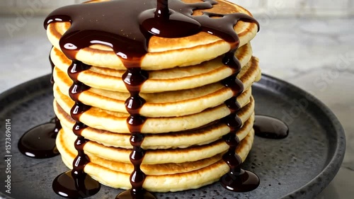 Wallpaper Mural Stacked pancakes drizzled with rich chocolate syrup on a plate, with a modern kitchen backdrop Torontodigital.ca