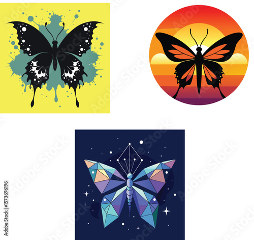 Vector illustrations of stylish butterflies in various design styles and color palettes