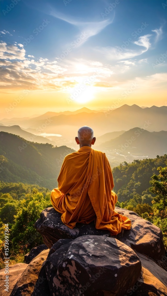 Fototapeta premium A monk sits in meditation atop a mountain at sunrise. Golden hour light bathes the landscape. Peaceful and serene