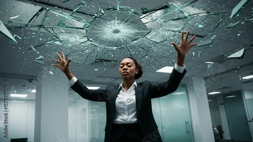 Businesswoman reacts to shattered glass ceiling in office
