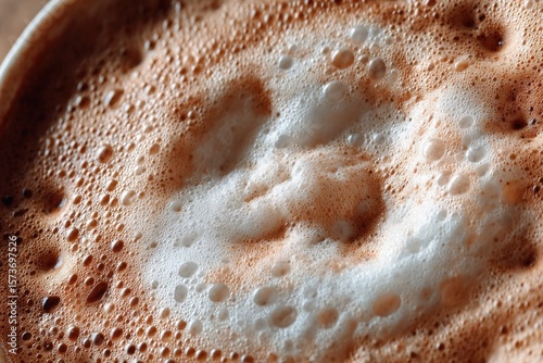 Close-up of a foamy hot chocolate beverage with frothy bubbles and rich creamy texture in a warm drink setting