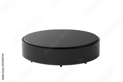 Sleek dark grey cylindrical display pedestal with a flat top surface isolated on transparent background