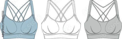 Strappy sports bra CAD drawing, technical flat vector illustration, front and back view, activewear fashion sketch, seamless design, gymwear, stylish fit