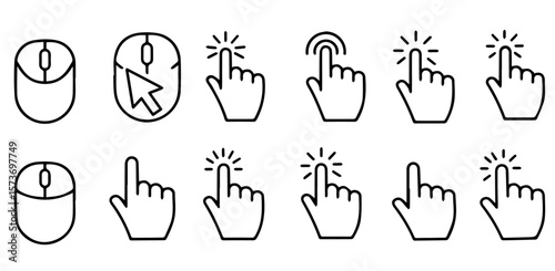 Collection of computer mouse and hand click icon symbols in a clean, minimal line art style for web design and user interface applications, silhouette