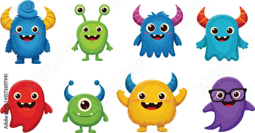 Funny cartoon monster characters set with colorful design, big eyes, cute expressions, vector alien creatures for kids isolated on white background