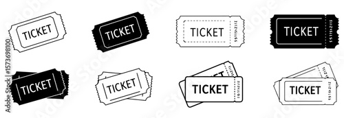 Group of tickets showcasing admission, coupons, and passes in both black and white for event entry, silhouette