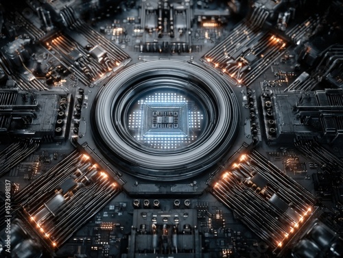 Intricate close-up of a modern microprocessor chip in the center of a high-tech computer circuit board with glowing electronic components and detailed circuitry