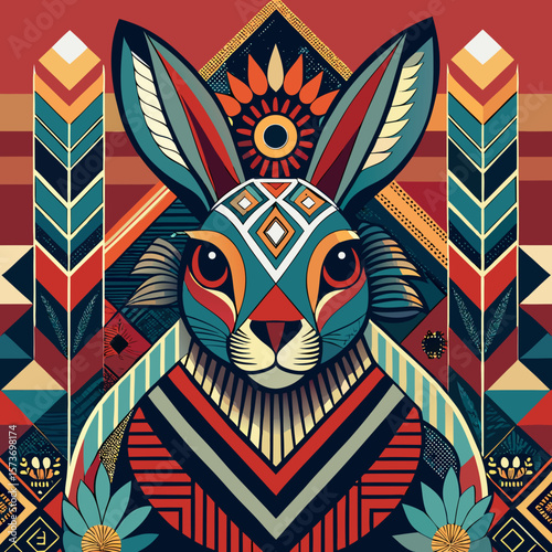 Geometric animal art featuring a stylized rabbit with tribal and folkloric elements for creative graphic design projects.