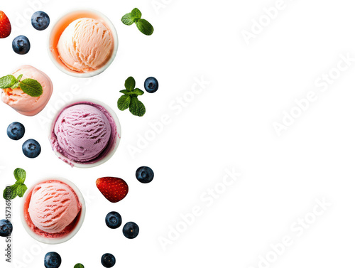Assortment of delicious ice cream scoops with fresh berries and mint leaves isolated on transparent background