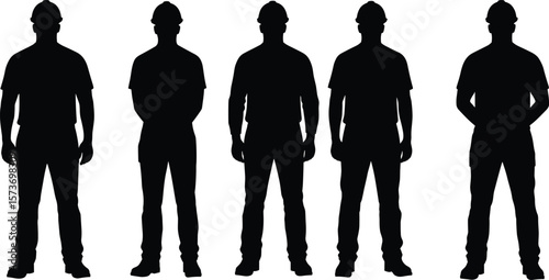 Silhouettes of construction workers wearing safety helmets, standing in front view, perfect for industrial, labor, safety, or engineering concepts