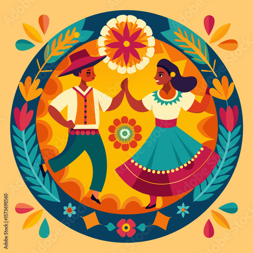 Cheerful couple celebrates a cultural dance surrounded by vibrant floral elements, perfect for festive designs and event themes.