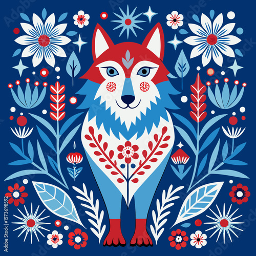 Stylized wolf and floral elements create a folk art inspired design, perfect for decorative projects or festive seasonal crafting.