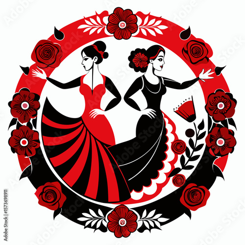 Elegant flamenco dancers are captured in this circular emblem with decorative roses and leaves, perfect for artistic projects or promotional graphics.