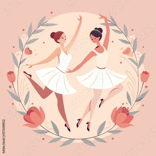 Graceful ballerinas dance amidst a floral wreath, perfect for dance studios, posters, apparel designs, or promoting ballet performances with elegance.