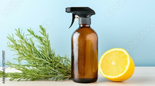 A glass spray bottle filled with cleaning solution, rosemary sprigs, and a lemon slice.