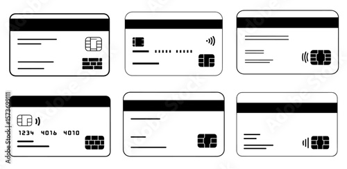 Credit and debit card designs showcase secure financial payment methods in a clean vector style, ensuring consumer trust, silhouette
