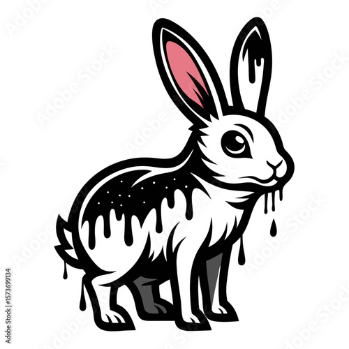 Distinctive black and white hare with dripping paint accents, suitable for logos, stickers or creative designs in a variety of contexts.