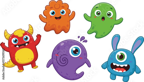 Set of colorful cartoon monsters with one eye, horns, and happy expressions, ideal for kids illustrations and fun design