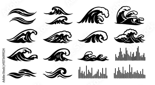Various black and white vector designs of ocean waves provide dynamic elements for creative projects and artistic expressions, silhouette