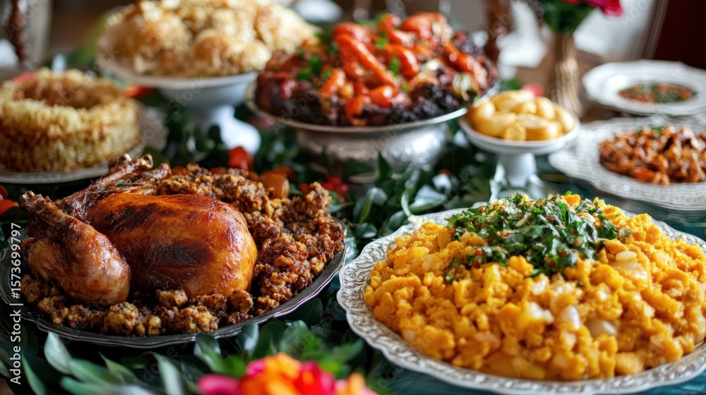 Obraz premium Festive meal spread on tiered platters