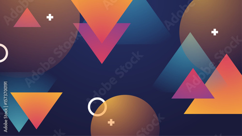 Colorful overlapping triangles and circles on a dark background. Suitable for vibrant, modern, and abstract design projects and artistic concepts.