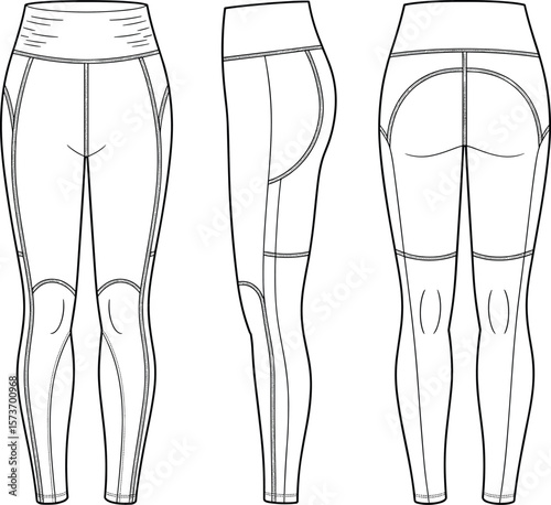 Women fitness leggings cad drawing, high waist activewear design, front side back view, technical flat sketch, vector fashion illustration