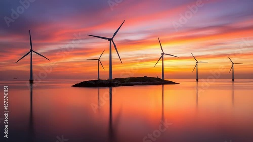 Wind Turbines Stand Silhouetted in Calm Water at Sunset in a Vivid Orange and Pink Sky Reflected on the Serene Water Surface