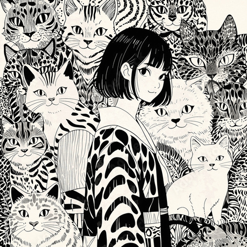 Girl surrounded by cats and leopards. Stylish monochrome drawing with anime vibes and soft digital texture.