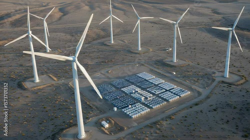 Wind Turbines Spread Across Tan Desert With Stacked White Blocks Renewable Energy
