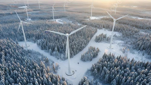 Wind Turbines Stand Tall in a Snowy Forest under the Evening Light